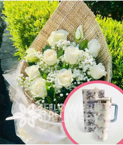 1 Dozen White Roses with Stanley H2.O Tumbler 40oz Blue White