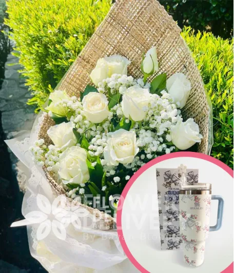 1 Dozen White Roses with Stanley H2.O Tumbler 40oz Blue White