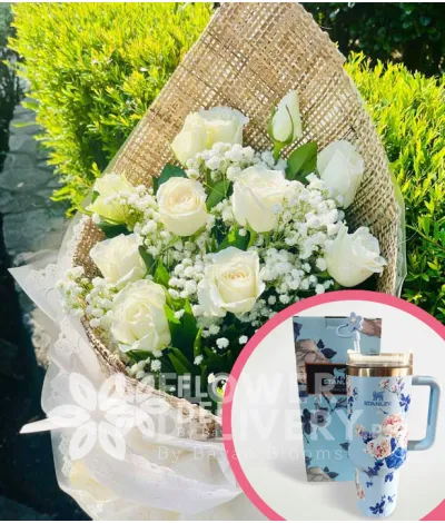 1 Dozen White Roses with Stanley H2.O Tumbler 40oz Blue