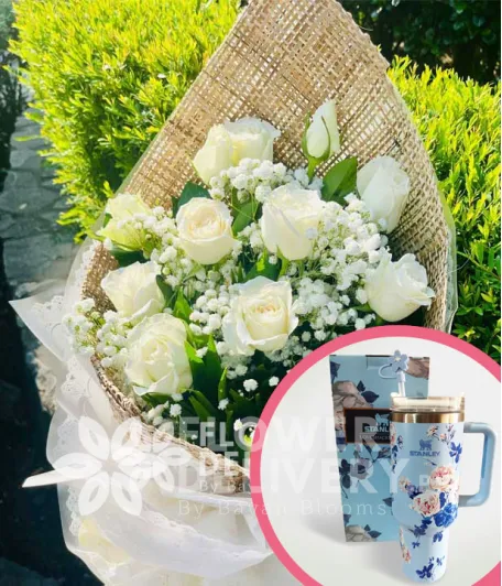 1 Dozen White Roses with Stanley H2.O Tumbler 40oz Blue