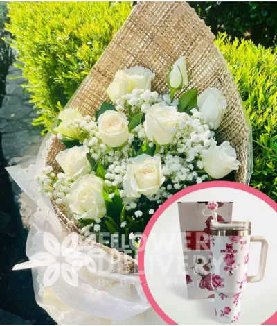 1 Dozen White Roses with Stanley H2.O Tumbler 40oz Pink White