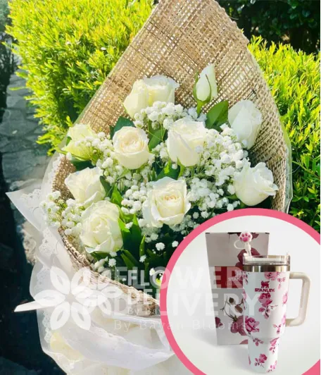 1 Dozen White Roses with Stanley H2.O Tumbler 40oz Pink White