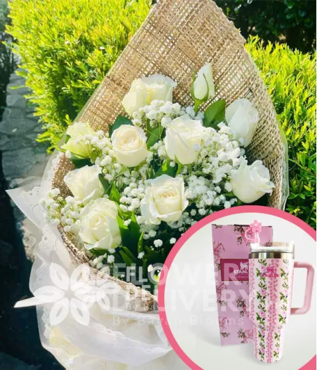 1 Dozen White Roses with Stanley H2.O Tumbler 40oz Pink