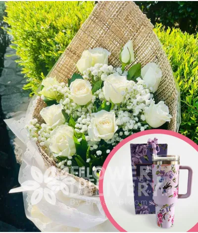 1 Dozen White Roses with Stanley H2.O Tumbler 40oz Violet