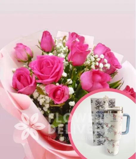 1 Dozen Pink Roses Round Bouquet with Stanley H2.O Tumbler 40oz Blue White