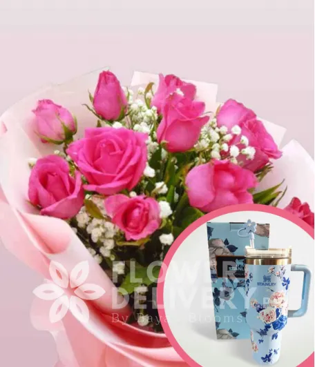 1 Dozen Pink Roses Round Bouquet with Stanley H2.O Tumbler 40oz Blue