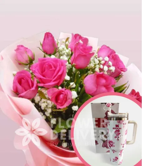 1 Dozen Pink Roses Round Bouquet with Stanley H2.O Tumbler 40oz Pink White