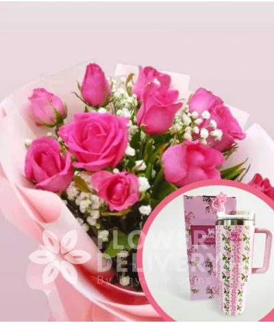 1 Dozen Pink Roses Round Bouquet with Stanley H2.O Tumbler 40oz Pink