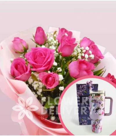 1 Dozen Pink Roses Round Bouquet with Stanley H2.O Tumbler 40oz Violet