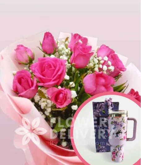 1 Dozen Pink Roses Round Bouquet with Stanley H2.O Tumbler 40oz Violet