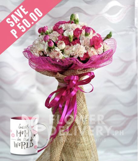 20 White and 20 Pink Carnations with Mug for Mom