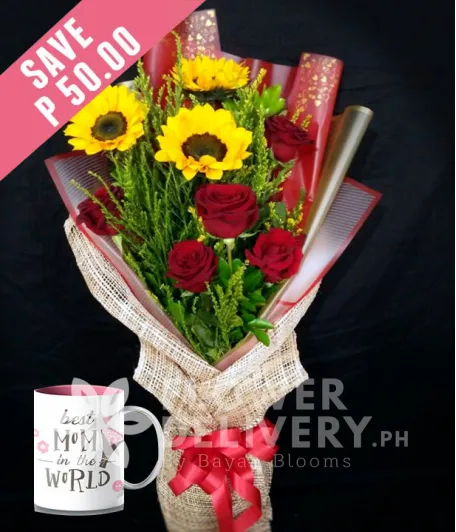 3 Sunflowers and 5 Red Ecuadorian Roses with Mug for Mom