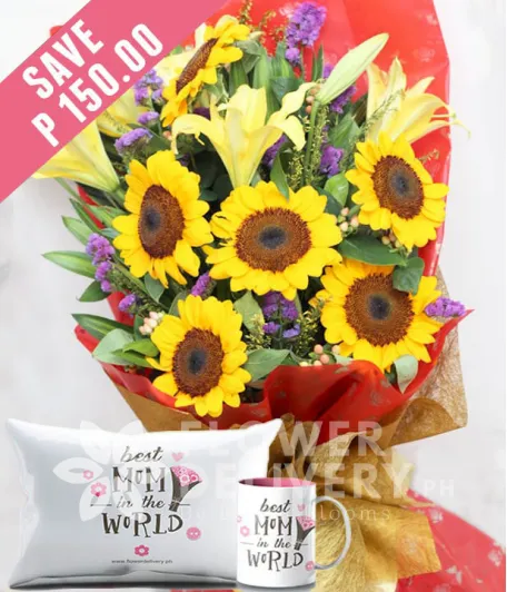 6 Pieces Sunflower with Lilies with Mug and Pillow for Mom 