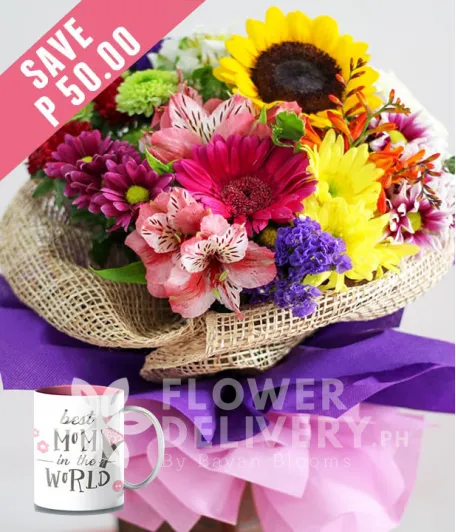 A Bouquet Of Mixed Colorful Flowers with Mug for Mom